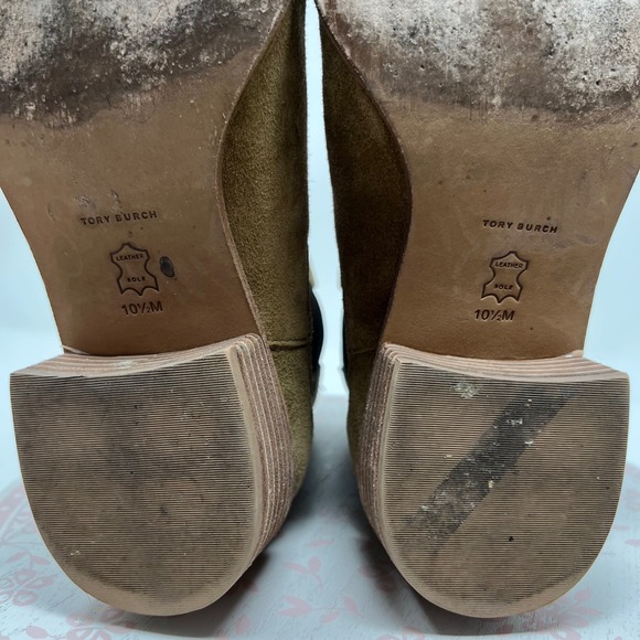 Tory Burch Chelsea Boots Women 10.5 Tan Suede Leather Square Toe Block Heel Pull - Picture 7 of 11